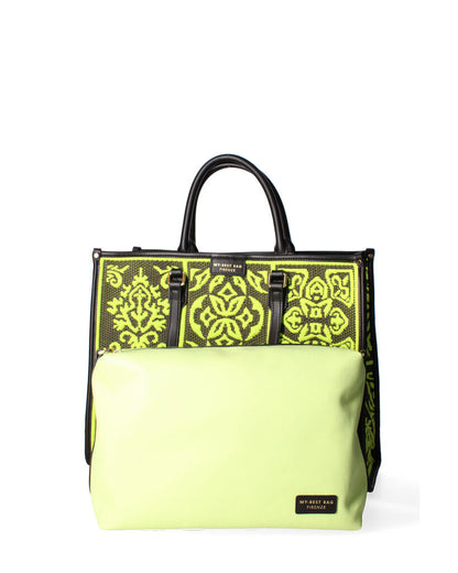 Black and Yellow Geometric-Pattern Tote with Double Handle