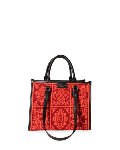 Red Patterned Canvas Tote with Dual Handles