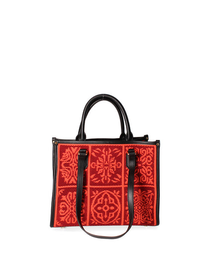 Red Patterned Canvas Tote with Dual Handles