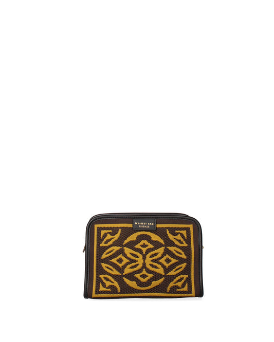 Brown Geometric Woven Clutch with Zip Closure