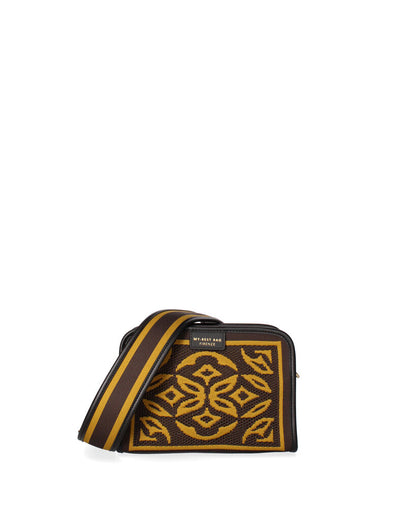 Brown Geometric Woven Clutch with Zip Closure