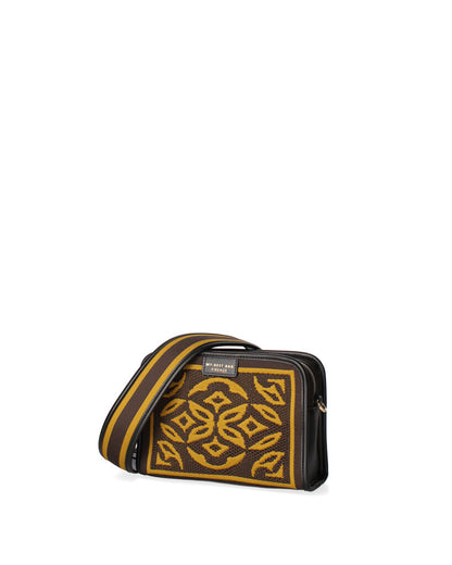 Brown Geometric Woven Clutch with Zip Closure