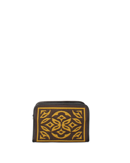 Brown Geometric Woven Clutch with Zip Closure