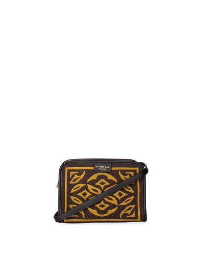 Brown Geometric Woven Clutch with Zip Closure