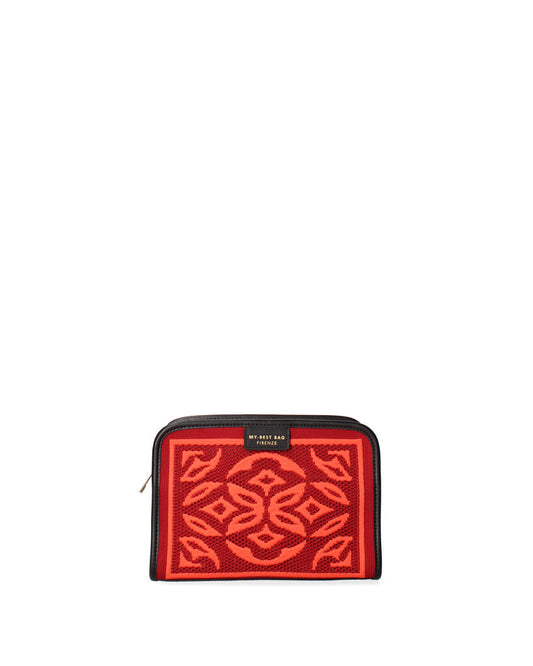 Red Geometric Knit Pouch with Zip Closure