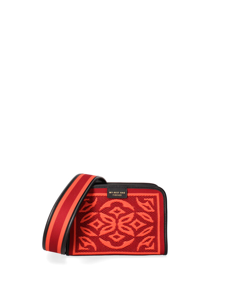 Red Geometric Knit Pouch with Zip Closure