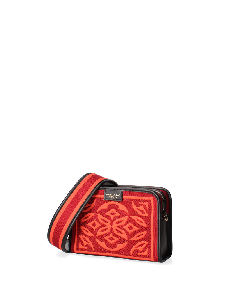 Red Geometric Knit Pouch with Zip Closure