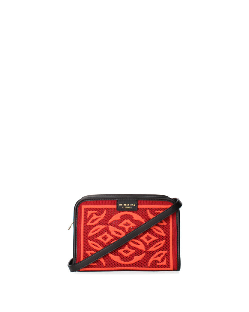 Red Geometric Knit Pouch with Zip Closure