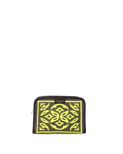 Black Geometric Woven Clutch with Vibrant Pattern