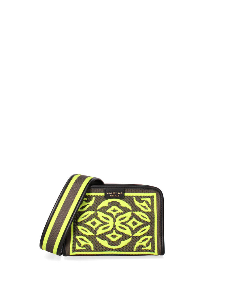 Black Geometric Woven Clutch with Vibrant Pattern