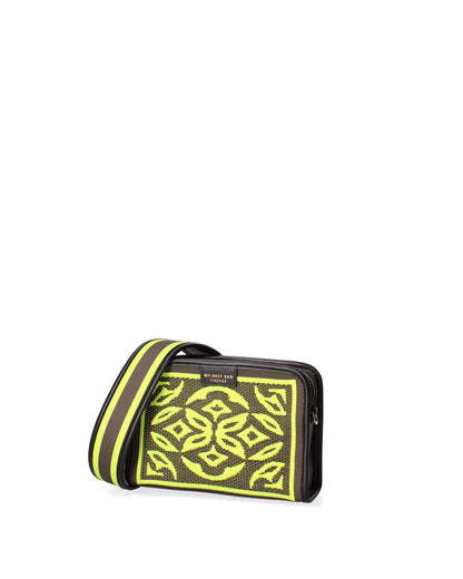 Black Geometric Woven Clutch with Vibrant Pattern