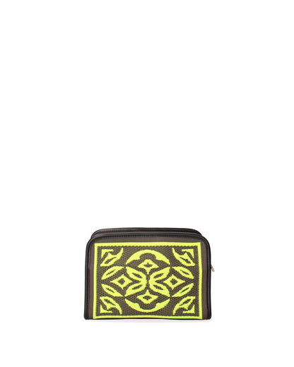 Black Geometric Woven Clutch with Vibrant Pattern
