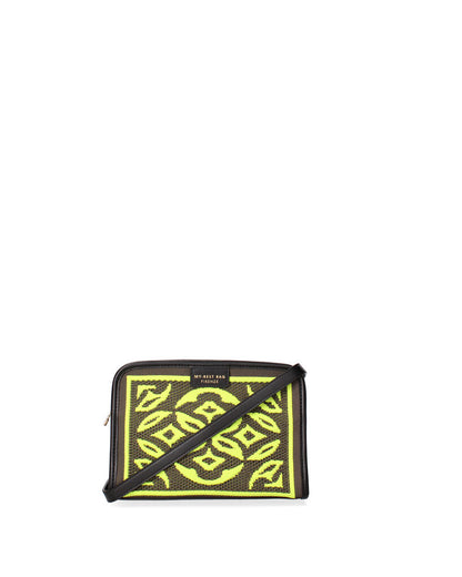 Black Geometric Woven Clutch with Vibrant Pattern