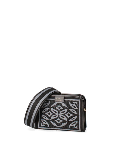 Black Geometric Embroidered Pouch with Zipper