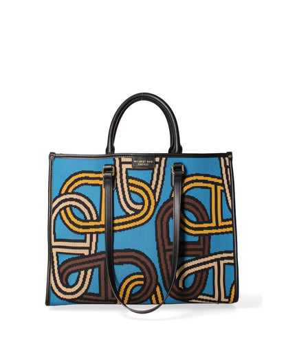 Blue Geometric Canvas Tote with Leather Handles