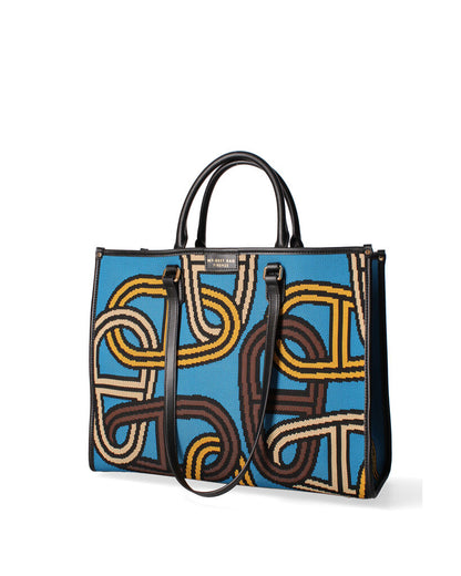 Blue Geometric Canvas Tote with Leather Handles