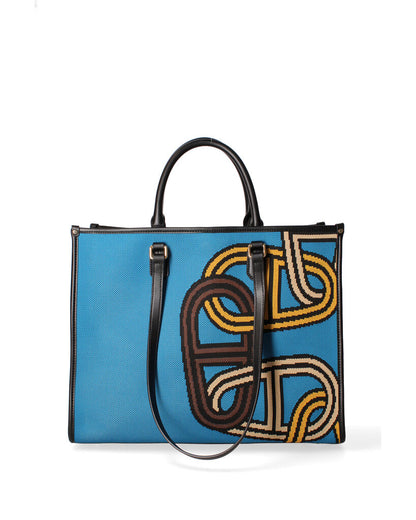 Blue Geometric Canvas Tote with Leather Handles
