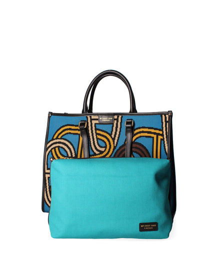 Blue Geometric Canvas Tote with Leather Handles