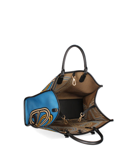 Blue Geometric Canvas Tote with Leather Handles