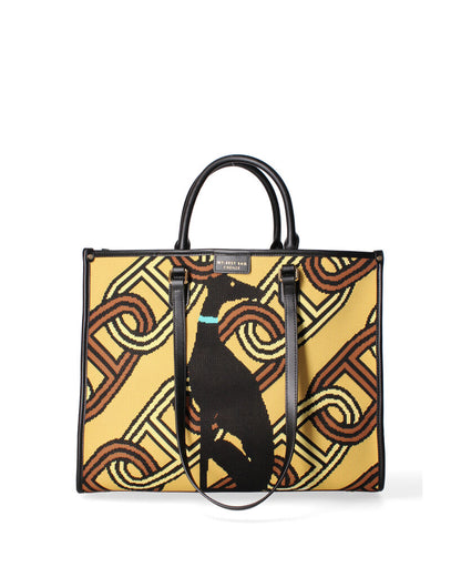 Yellow Geometric Canvas Tote with Dog Motif
