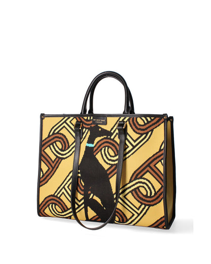 Yellow Geometric Canvas Tote with Dog Motif