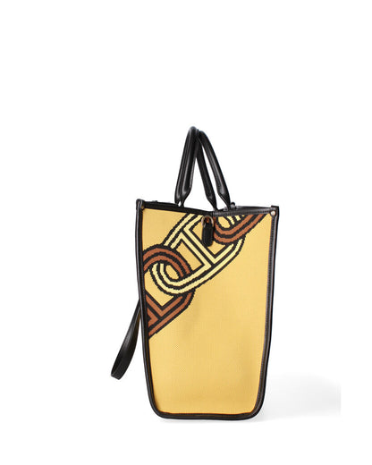 Yellow Geometric Canvas Tote with Dog Motif