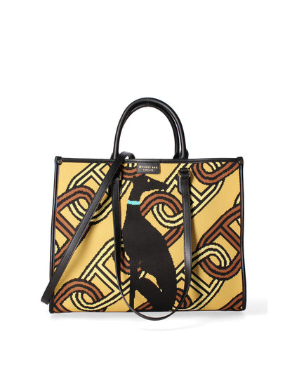 Yellow Geometric Canvas Tote with Dog Motif