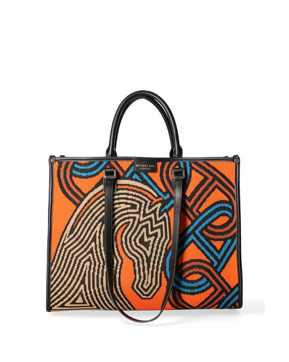 Orange Woven Tote Bag with Abstract Pattern