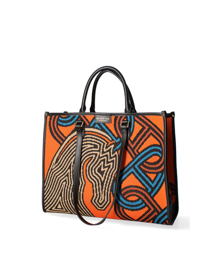 Orange Woven Tote Bag with Abstract Pattern