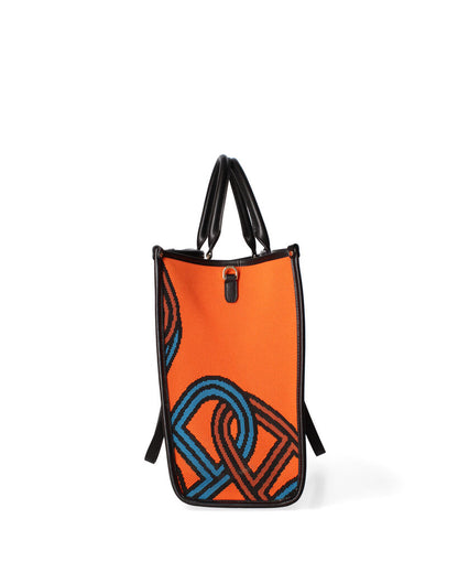 Orange Woven Tote Bag with Abstract Pattern