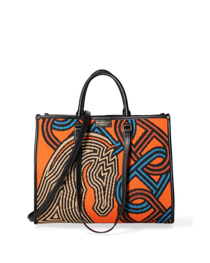 Orange Woven Tote Bag with Abstract Pattern