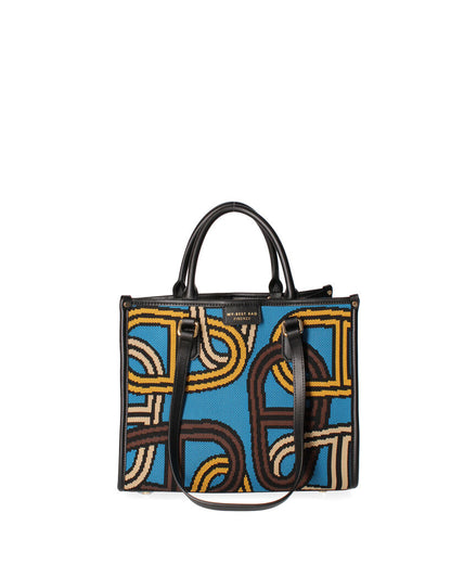 Blue Geometric Canvas Tote with Leather Accents