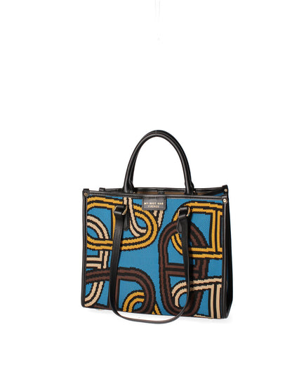 Blue Geometric Canvas Tote with Leather Accents