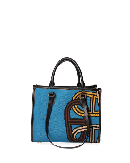 Blue Geometric Canvas Tote with Leather Accents