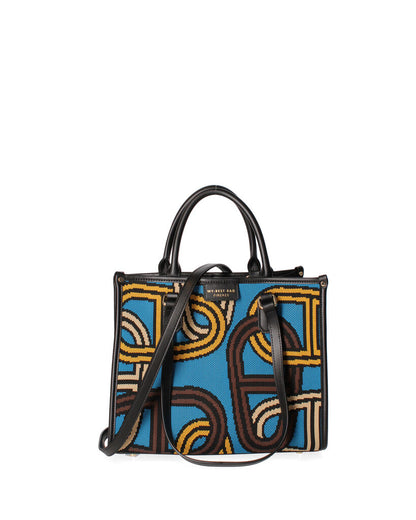 Blue Geometric Canvas Tote with Leather Accents