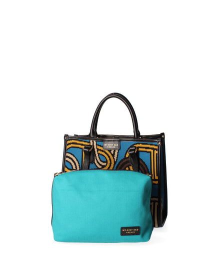 Blue Geometric Canvas Tote with Leather Accents