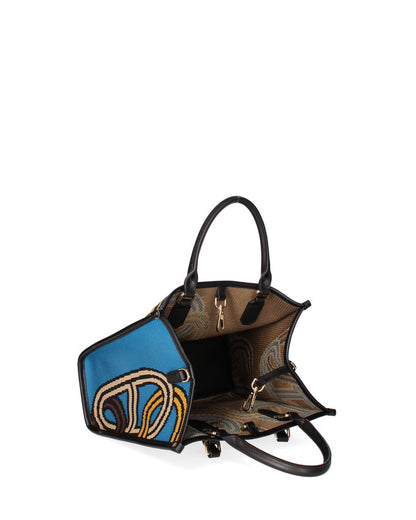 Blue Geometric Canvas Tote with Leather Accents