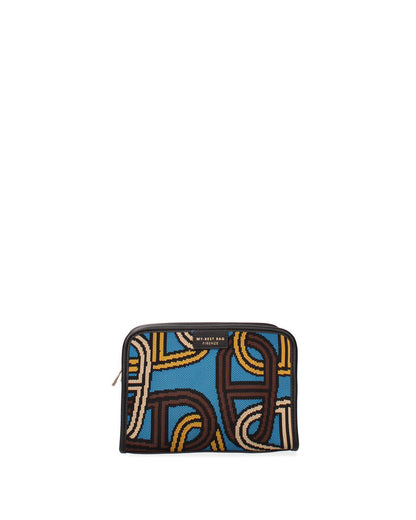 Blue Geometric Pattern Clutch with Zipper Closure