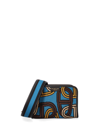 Blue Geometric Pattern Clutch with Zipper Closure
