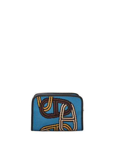 Blue Geometric Pattern Clutch with Zipper Closure