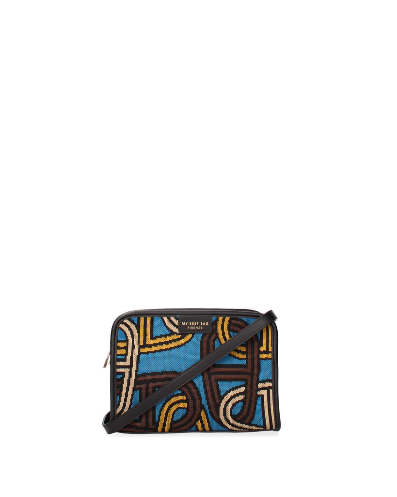 Blue Geometric Pattern Clutch with Zipper Closure