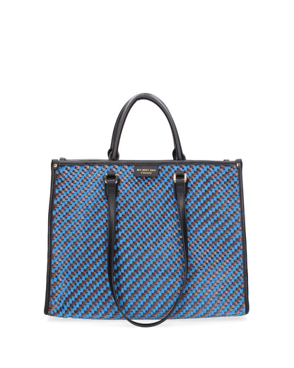 Blue Geometric Tote with Structured Handles
