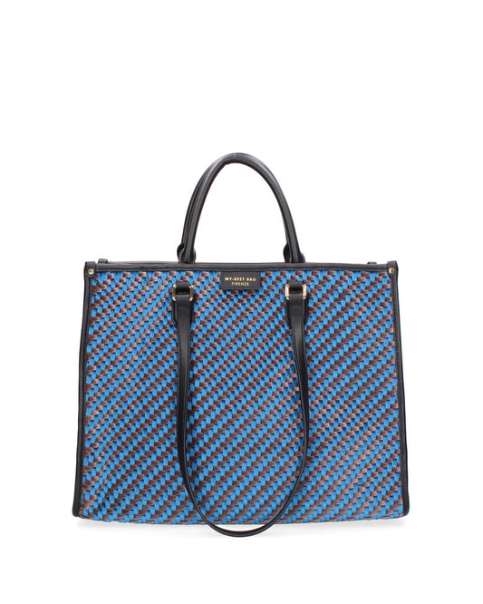 Blue Geometric Tote with Structured Handles