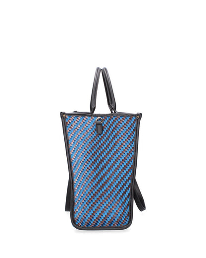 Blue Geometric Tote with Structured Handles