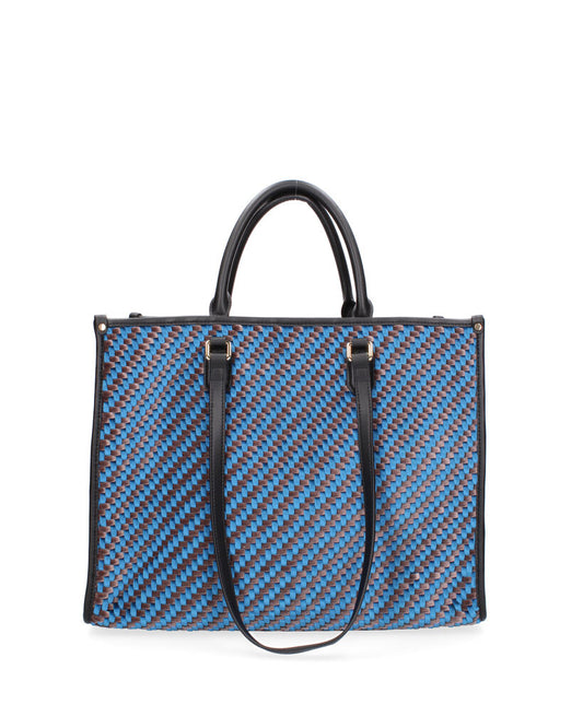 Blue Geometric Tote with Structured Handles