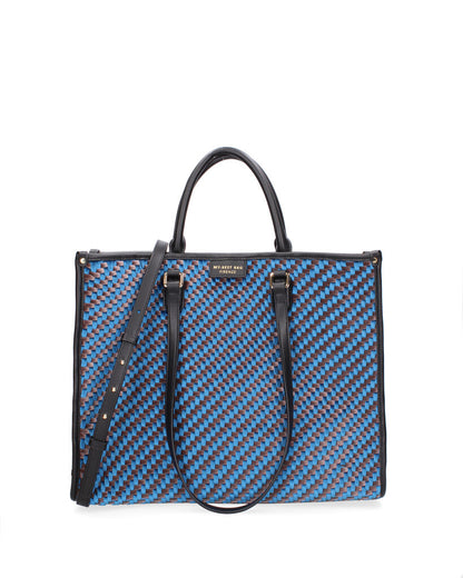 Blue Geometric Tote with Structured Handles