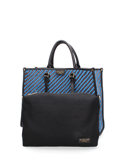Blue Geometric Tote with Structured Handles