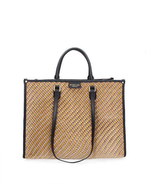 Yellow Geometric Woven Tote with Black Handles