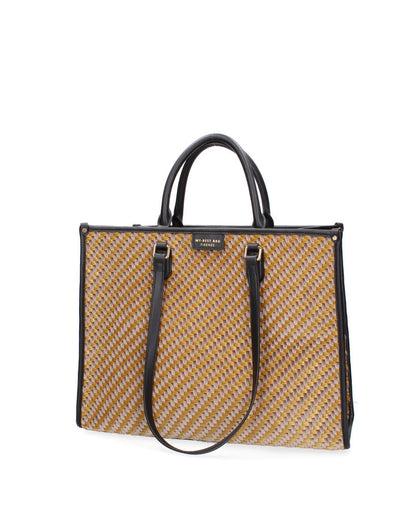 Yellow Geometric Woven Tote with Black Handles