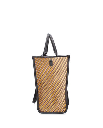 Yellow Geometric Woven Tote with Black Handles